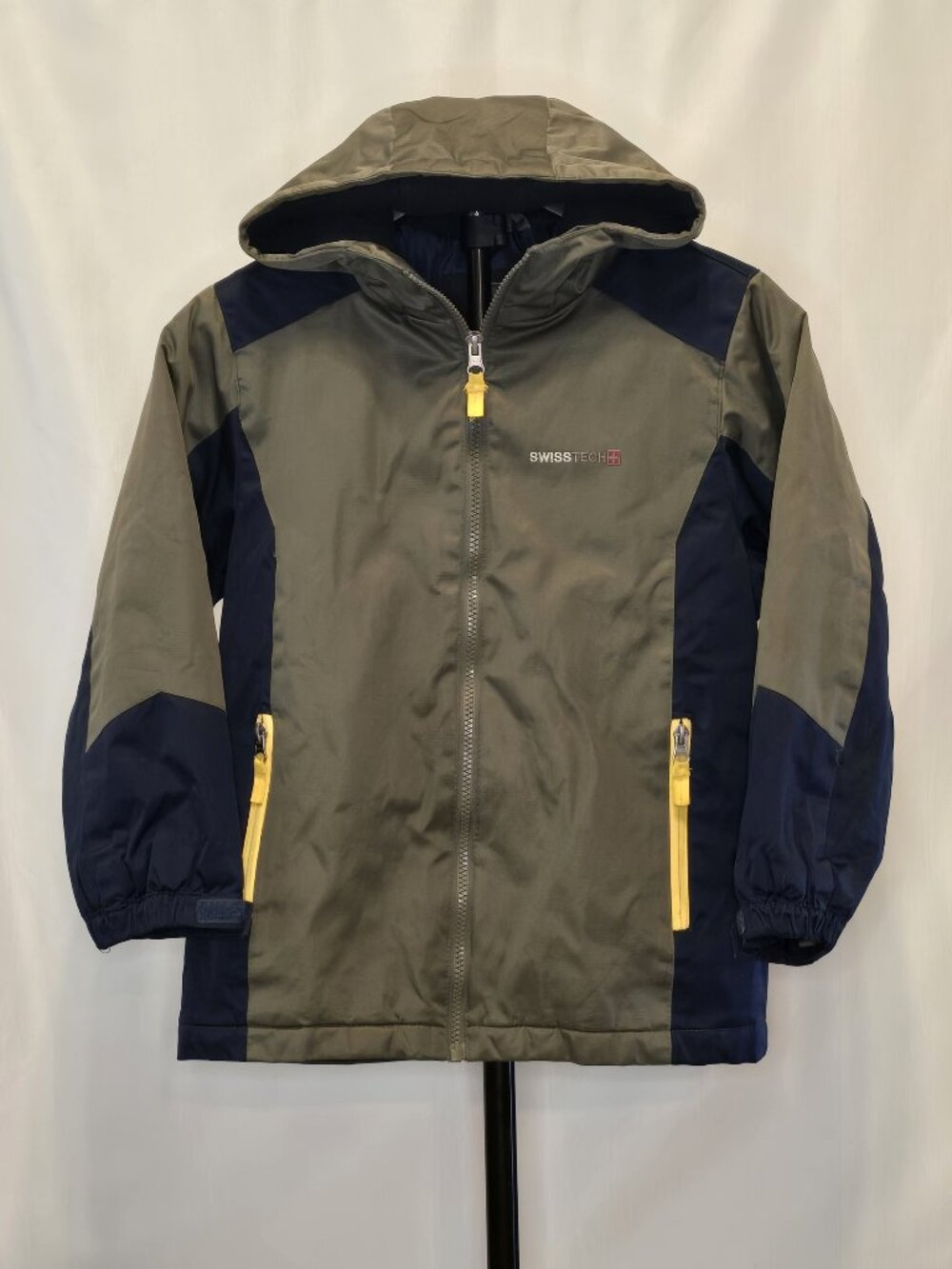 Swiss Tech Boys Hooded Ski Jacket Coat Olive Green Navy Yellow Size S (6-7)
